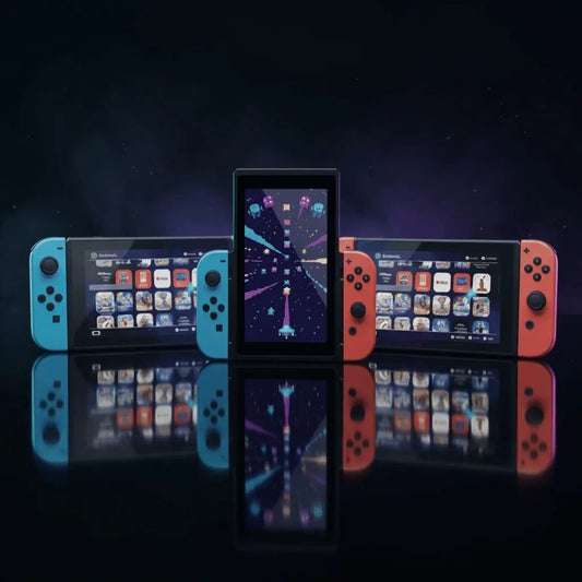 Modded Nintendo Switch with detached red and blue Joy-Cons and a full game grid, modded Nintendo Switch bundle UK