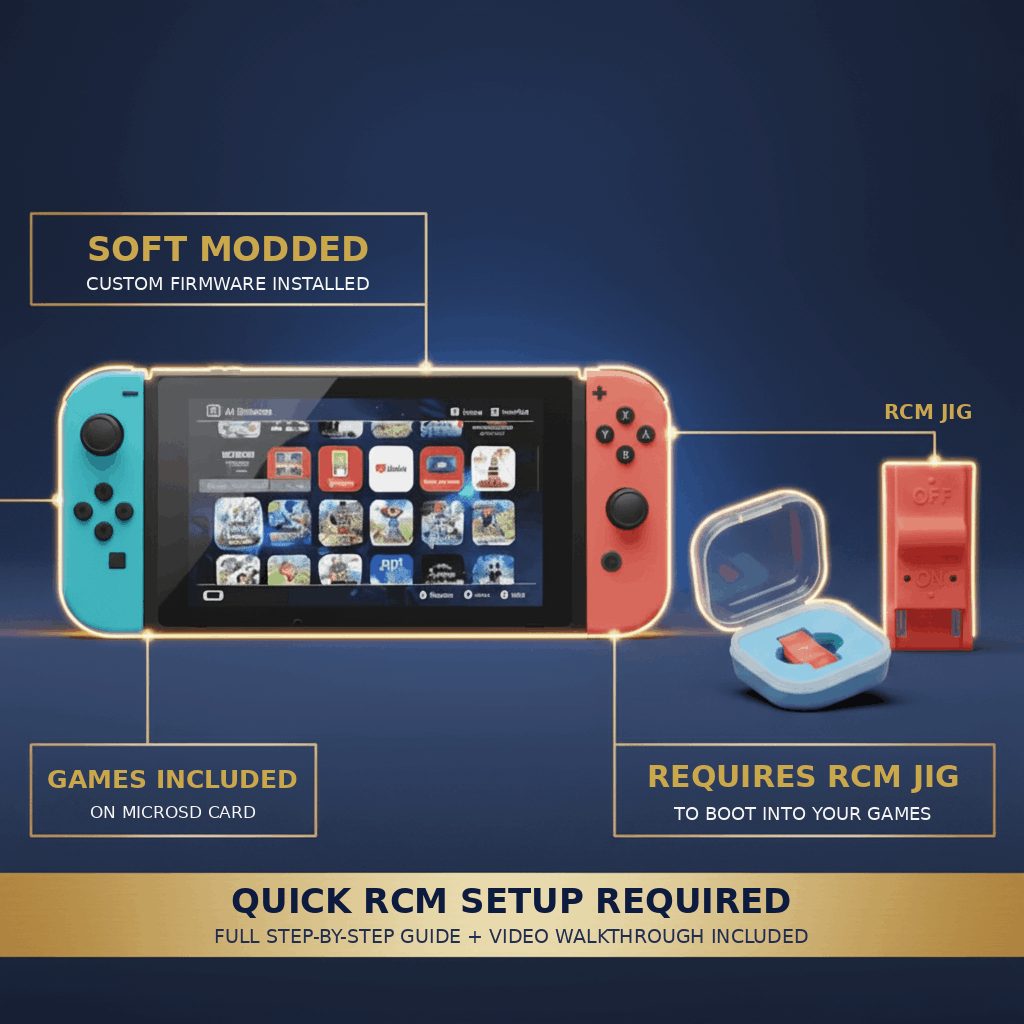 Setup infographic for the soft-modded Nintendo Switch showing the RCM jig needed to boot custom firmware UK