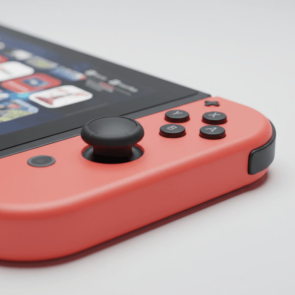Close-up of coral modded Switch Lite buttons and thumbstick, custom firmware handheld from ModxGaming UK