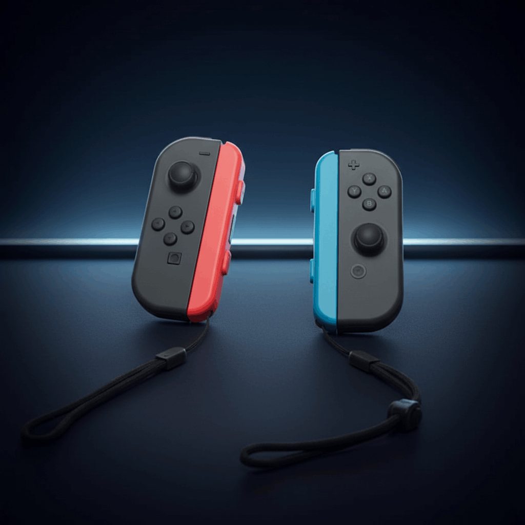 Pair of neon red and blue Joy-Con controllers with wrist straps for the modded Nintendo Switch UK