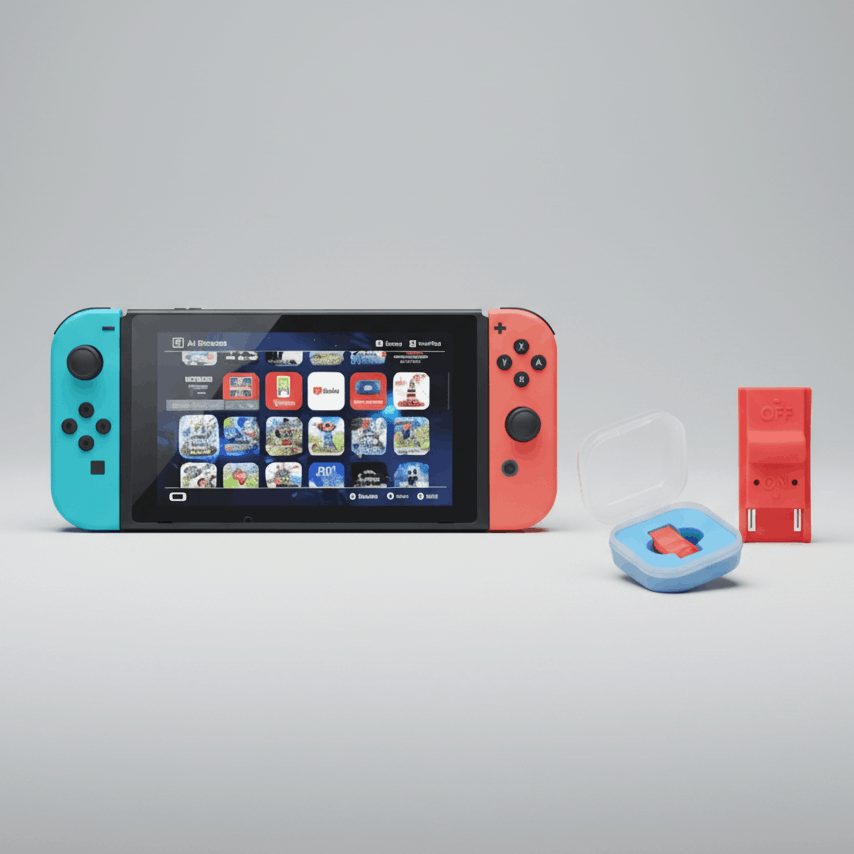 Neon modded Nintendo Switch beside red RCM jig and carry case, custom firmware with preloaded games UK