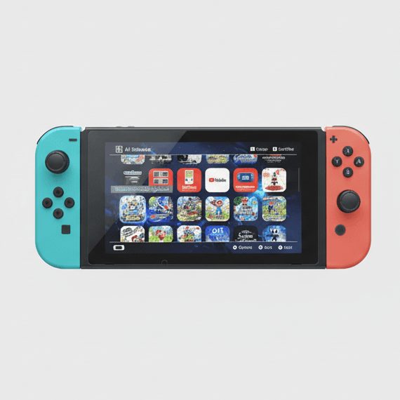 Original neon red and blue modded Nintendo Switch showing preloaded games menu on screen, buy UK