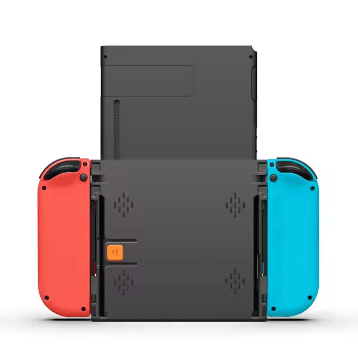 Back of the Nintendo Switch fitted with the vertical grip flip mount between red and blue Joy-Cons UK