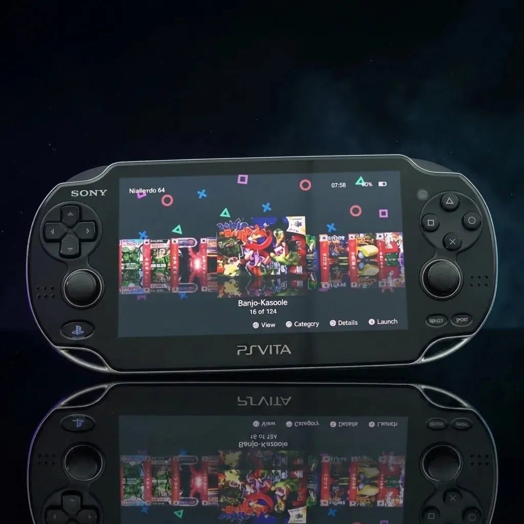 Modded PS Vita 1000 OLED on a dark reflective surface, 5-inch OLED screen showing preinstalled games, custom firmware UK