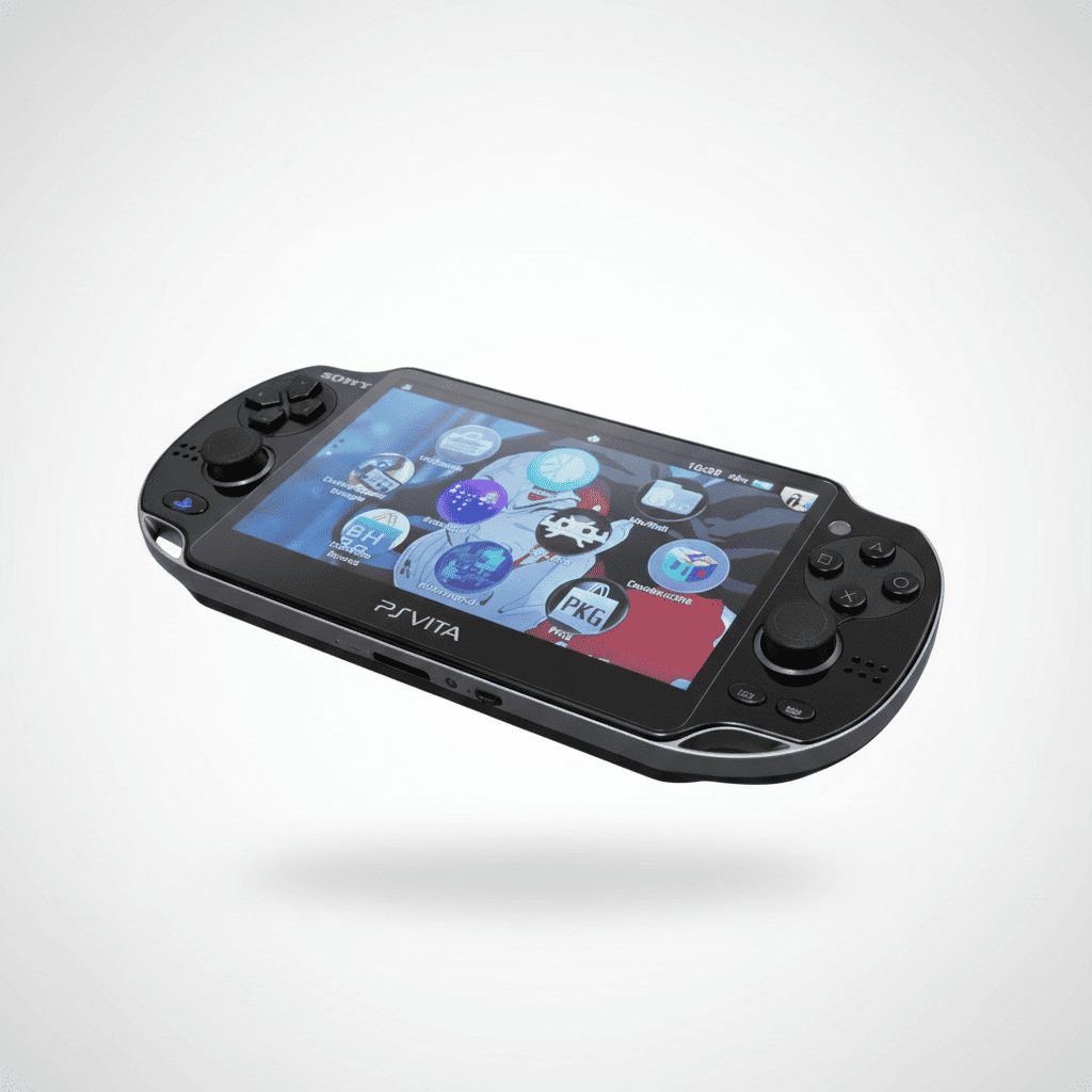 Angled modded PS Vita 1000 OLED on white with its home screen bubbles, custom firmware console with preinstalled games UK