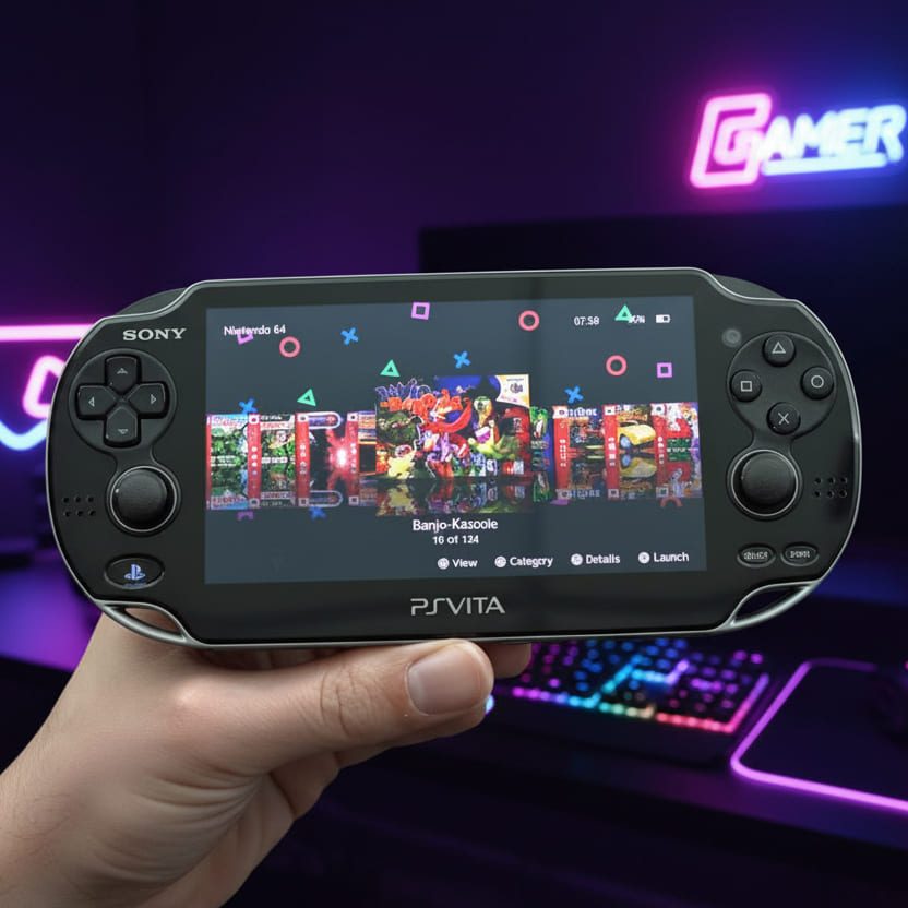 Modded PS Vita 1000 OLED in hand against a neon RGB gaming setup, preinstalled games on the OLED screen – ModxGaming UK