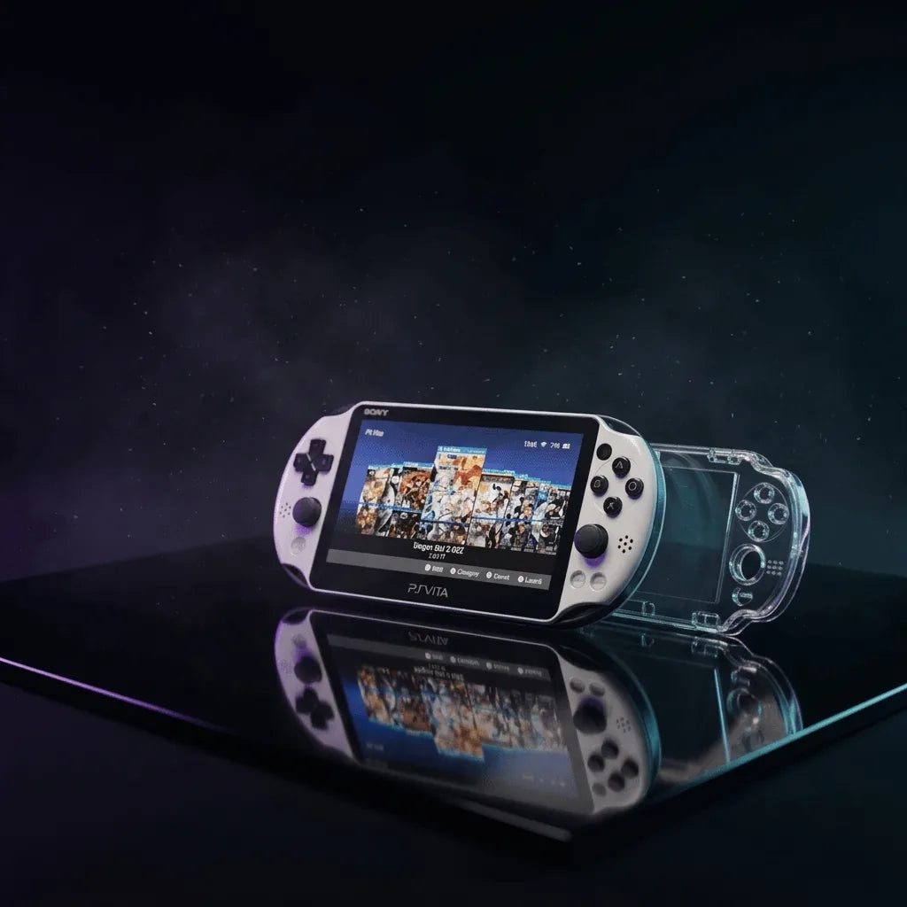 Modded PS Vita in a crystal-clear protective case on a dark backdrop, custom firmware clear case bundle, UK