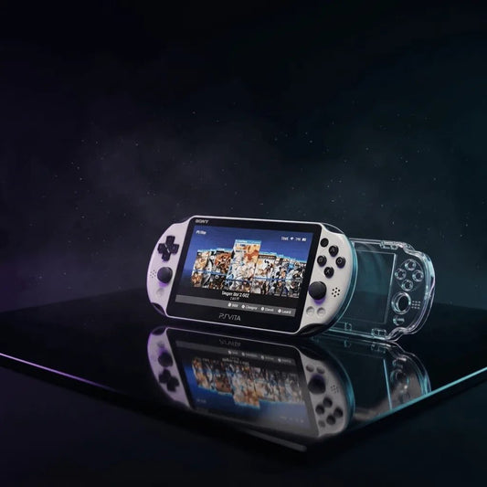 Modded PS Vita in a crystal-clear protective case on a dark backdrop, custom firmware clear case bundle, UK