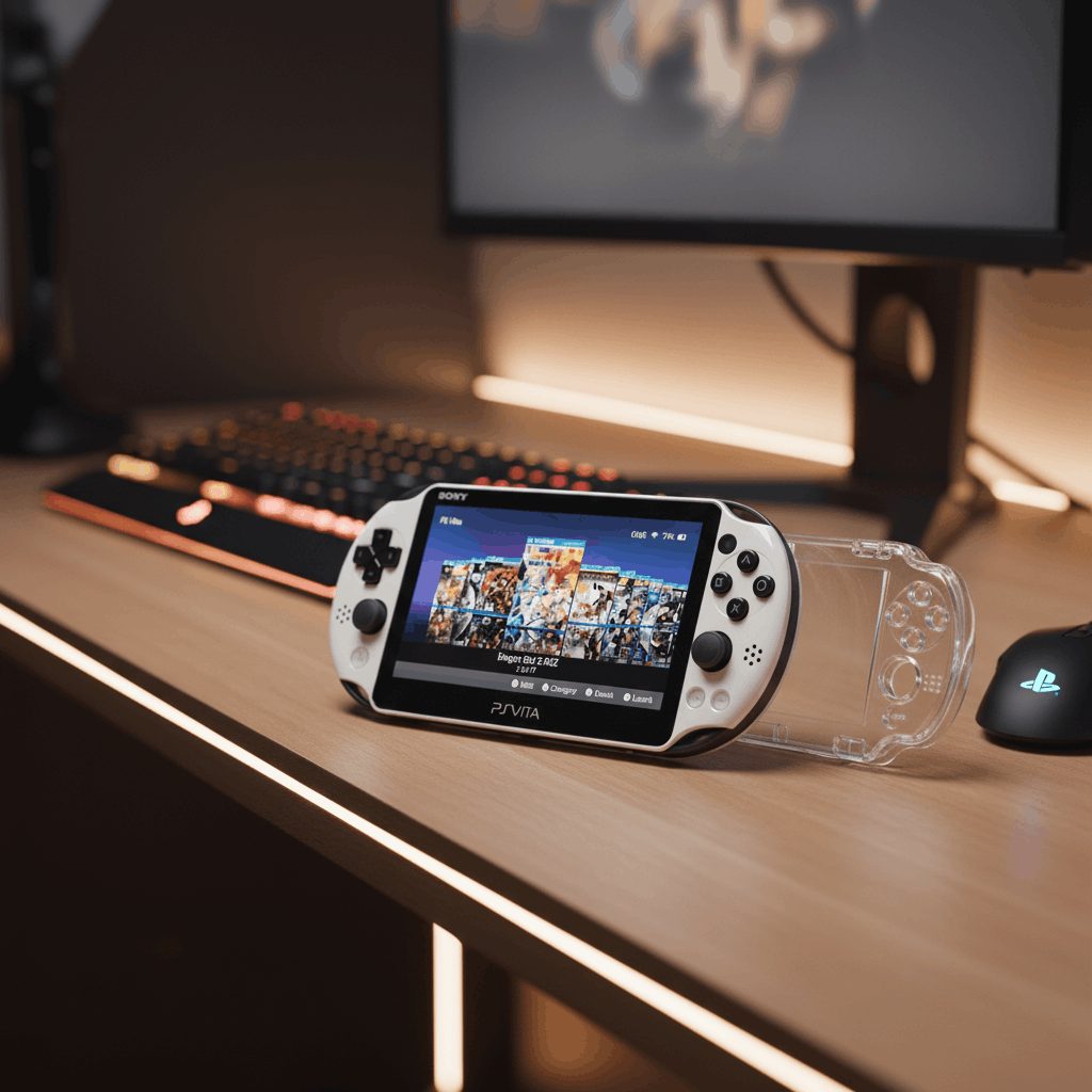 Glacier White modded PS Vita in a clear case on a gaming desk, custom firmware handheld ready to play, UK