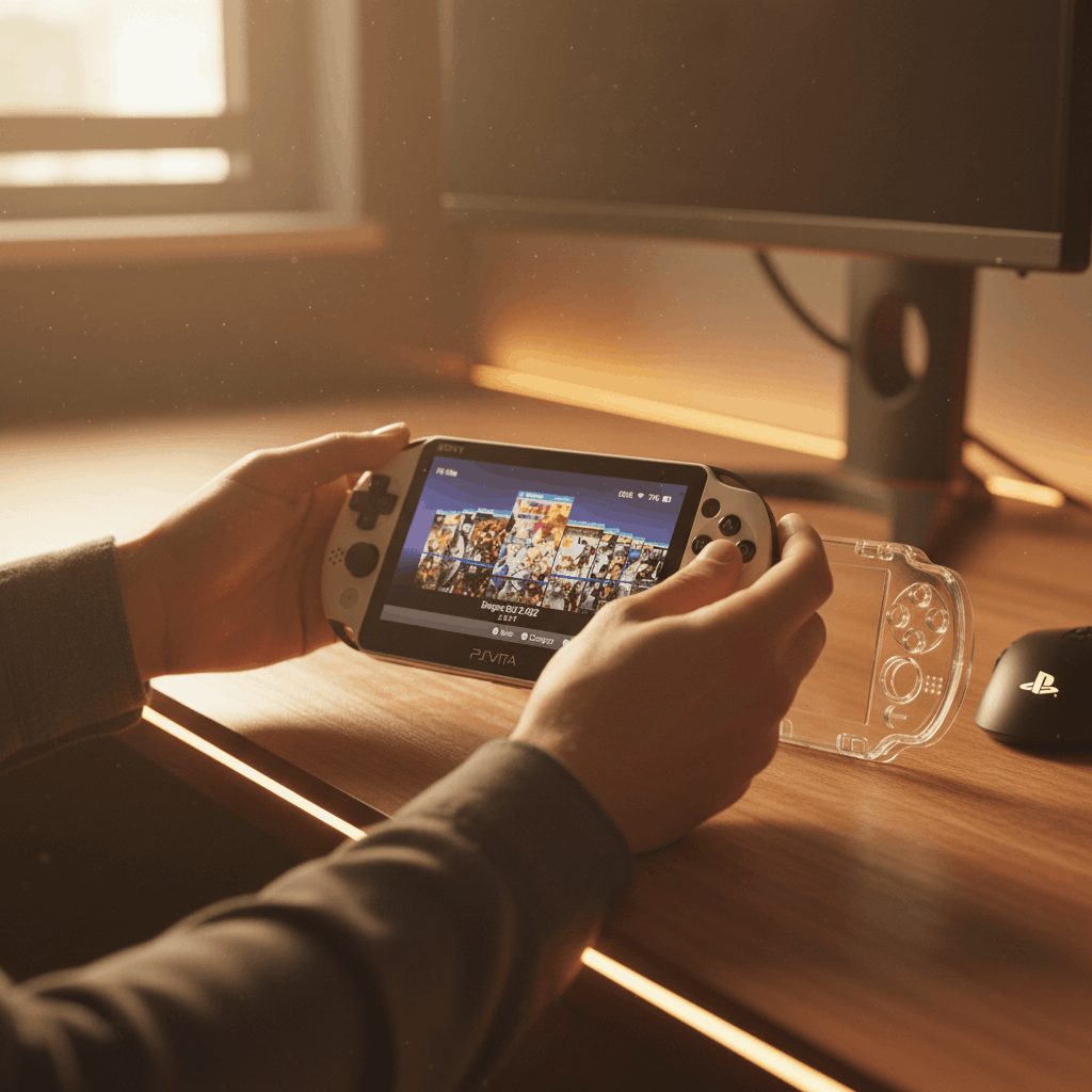 Hand holding a Glacier White modded PS Vita showing its preloaded game library, clear case bundle, UK