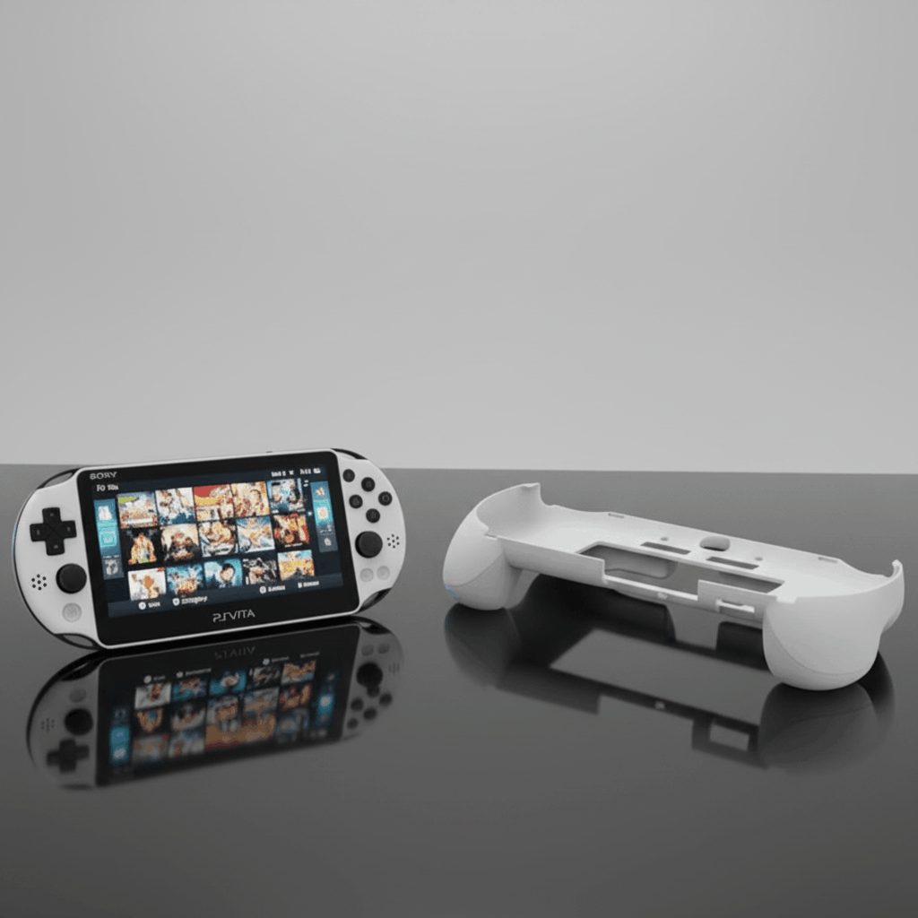 Modded PS Vita next to its ergonomic trigger grip on a grey studio backdrop, custom firmware handheld bundle, UK