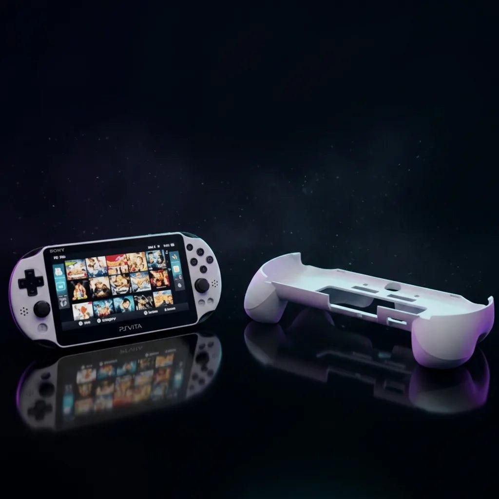 Modded PS Vita beside a white ergonomic grip on a starry backdrop, custom firmware grip bundle with L2 R2 triggers, UK