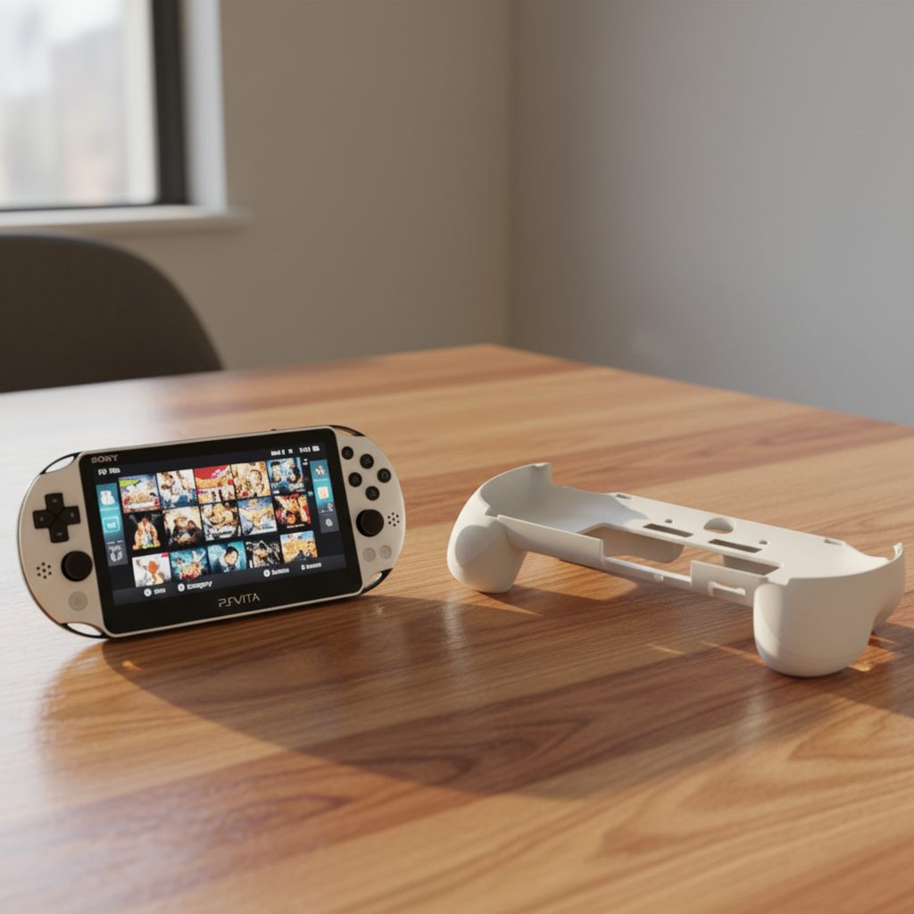 Modded PS Vita grip bundle on a wooden desk gaming setup, preloaded games ready to play out of the box, UK