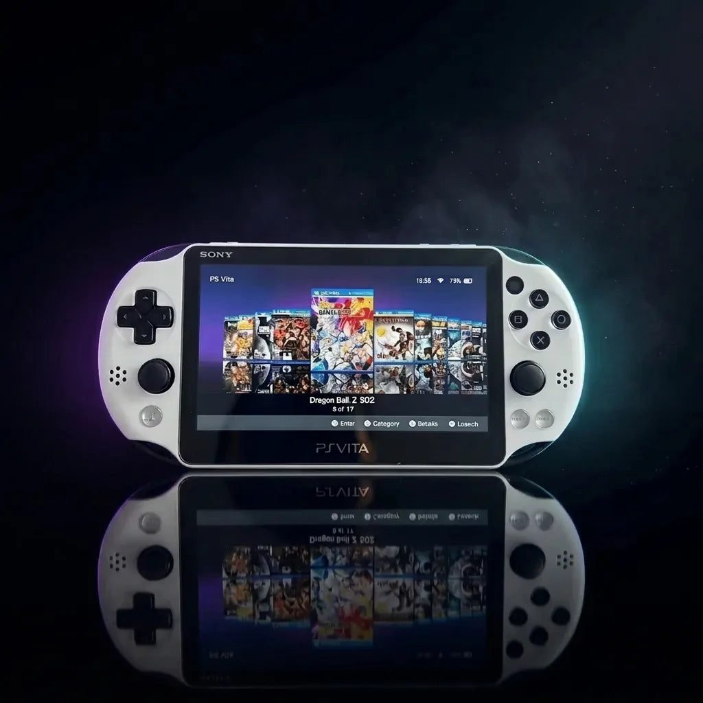 White modded PS Vita Slim 2000 on a dark studio backdrop showing a preloaded games carousel, Henkaku CFW handheld UK