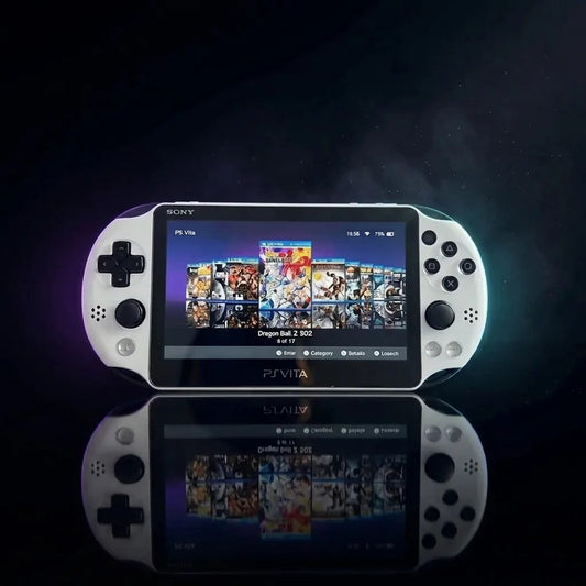 White modded PS Vita Slim 2000 on a dark studio backdrop showing a preloaded games carousel, Henkaku CFW handheld UK