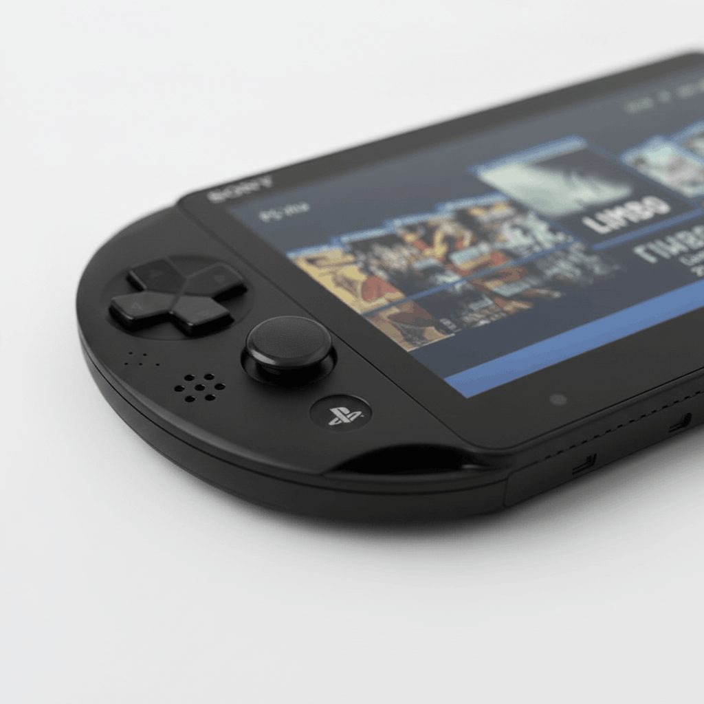 Close-up of the D-pad and analogue stick on a Piano Black modded PS Vita Slim with custom firmware installed