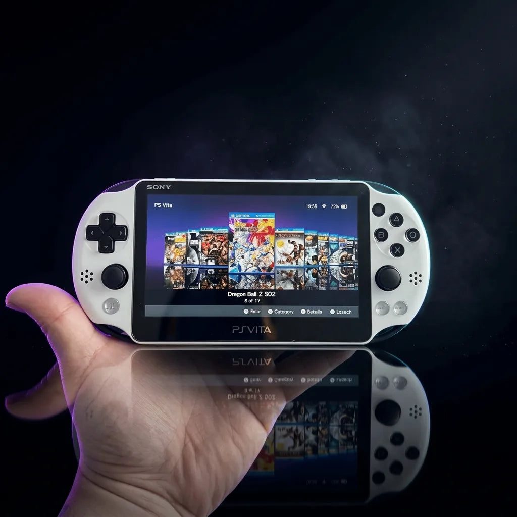 Hand holding a modded PS Vita Slim with Henkaku CFW and preinstalled games on screen, ready to buy online in the UK