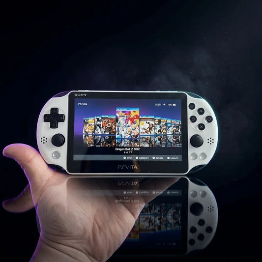 Hand holding a modded PS Vita Slim with Henkaku CFW and preinstalled games on screen, ready to buy online in the UK