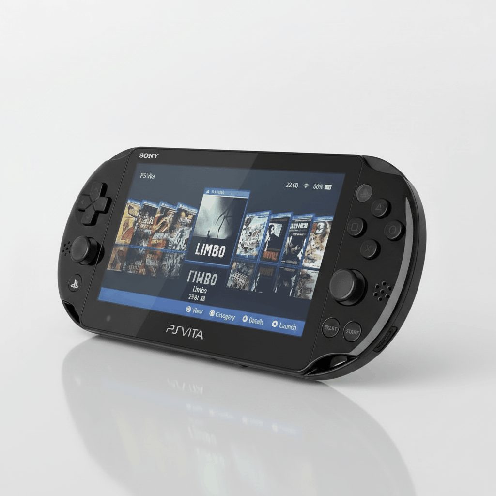 Angled view of a Piano Black modded PS Vita Slim showing the preloaded games menu, SD card storage included, UK stock