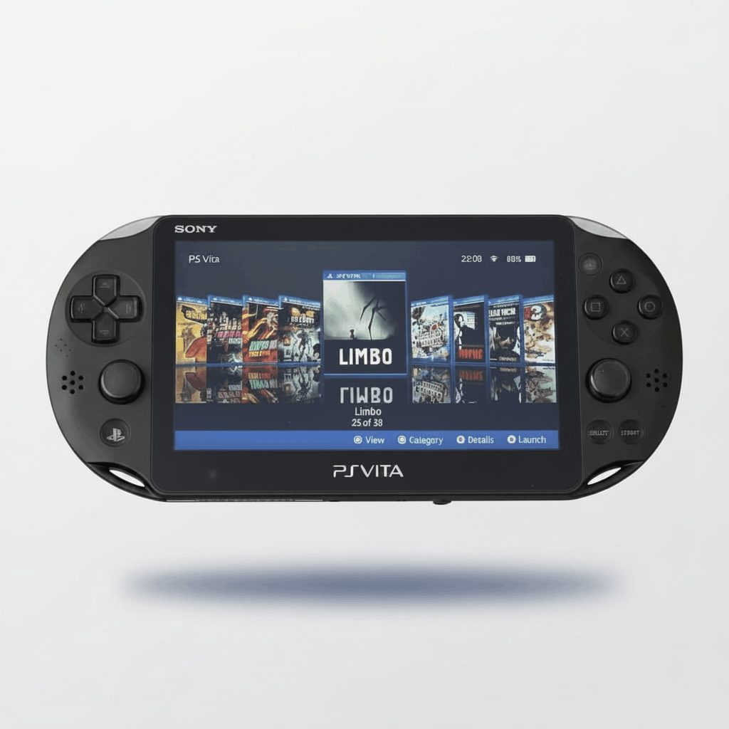 Piano Black modded PS Vita Slim 2000 front view with a Henkaku CFW game library of preinstalled titles on screen