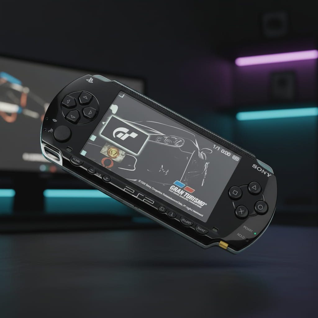 Piano Black modded PSP 1000 tilted shot running Gran Turismo, custom firmware handheld with games – ModxGaming UK