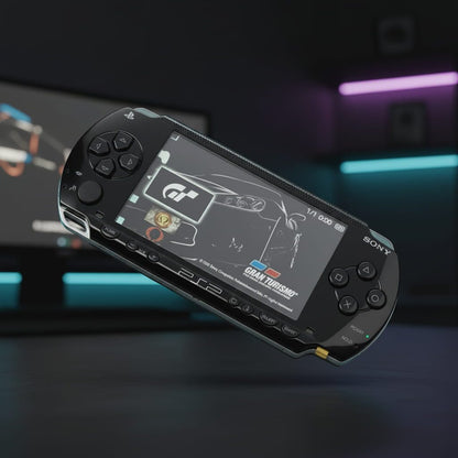 Piano Black modded PSP 1000 tilted shot running Gran Turismo, custom firmware handheld with games – ModxGaming UK