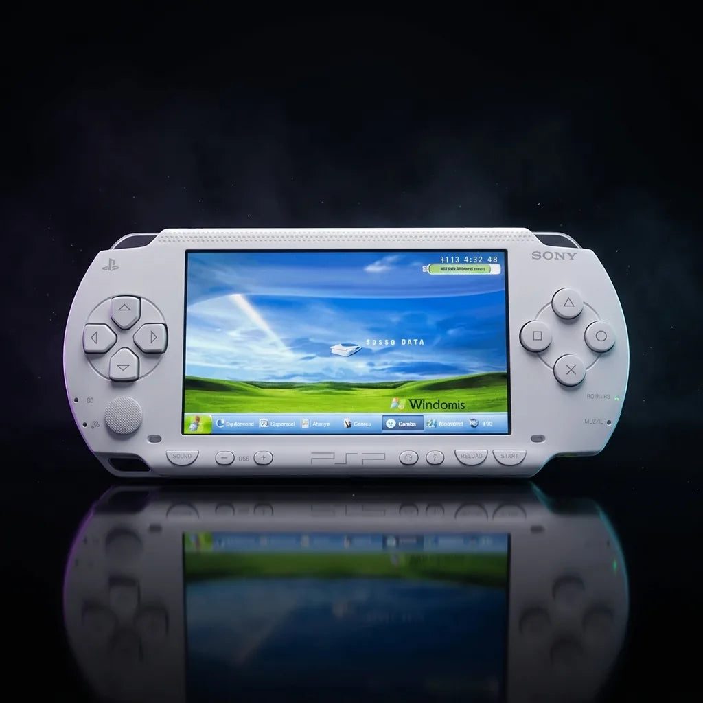 Modded PSP 1000 in white glowing on a dark backdrop with custom firmware theme on screen – retro handheld UK