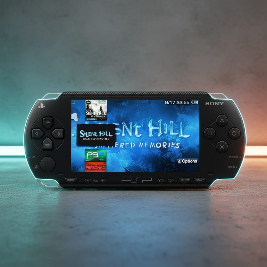 Piano Black modded PSP 1000 in a neon gaming setup with Silent Hill on screen, emulators and preloaded games UK