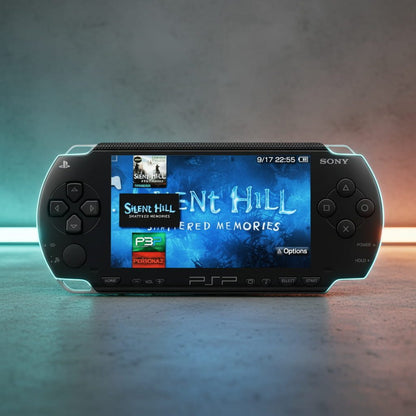 Piano Black modded PSP 1000 in a neon gaming setup with Silent Hill on screen, emulators and preloaded games UK