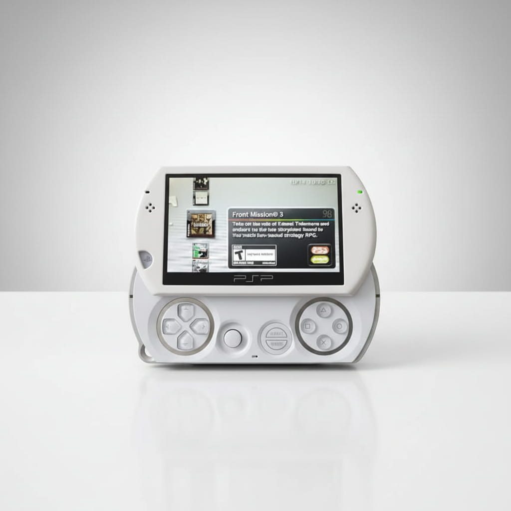 Pearl White modded PSP Go studio front view with custom firmware menu and pre-installed games on display