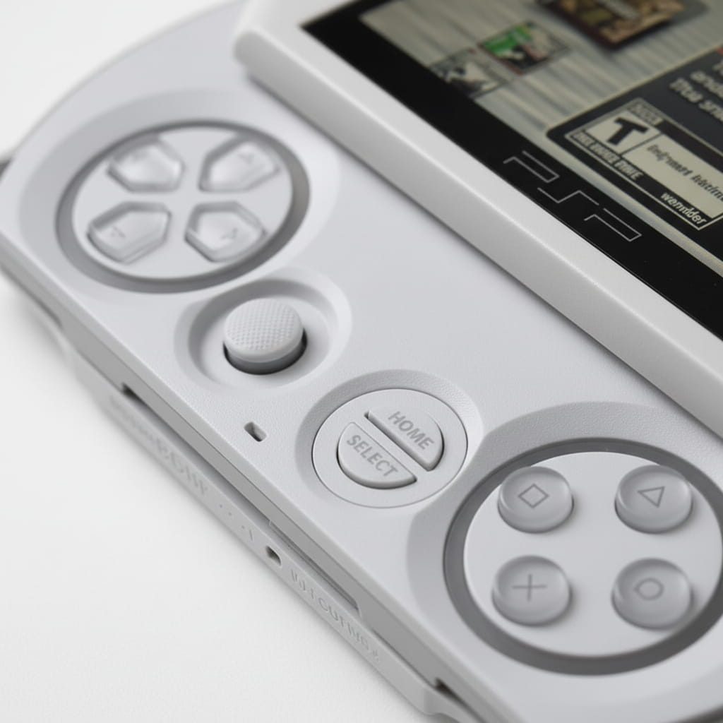 Close-up of the D-pad, analogue nub and face buttons on a Pearl White modded PSP Go handheld – ModxGaming UK