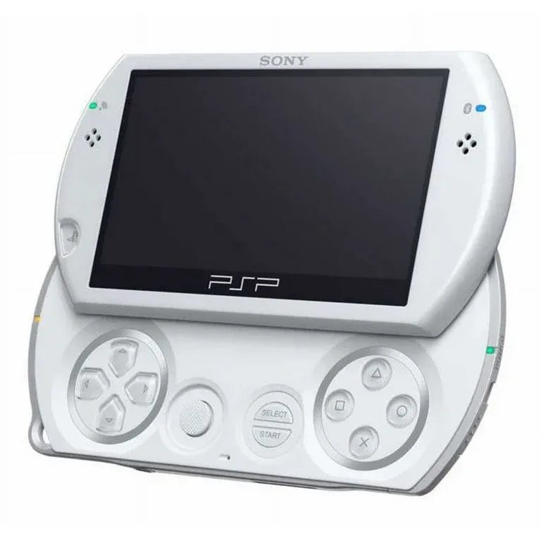 Pearl White modded PSP Go slide-open front shot, pre-installed retro games handheld – ModxGaming UK