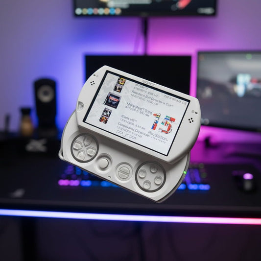 Pearl White modded PSP Go on an RGB gaming desk showing its emulator game list, ready to buy in the UK