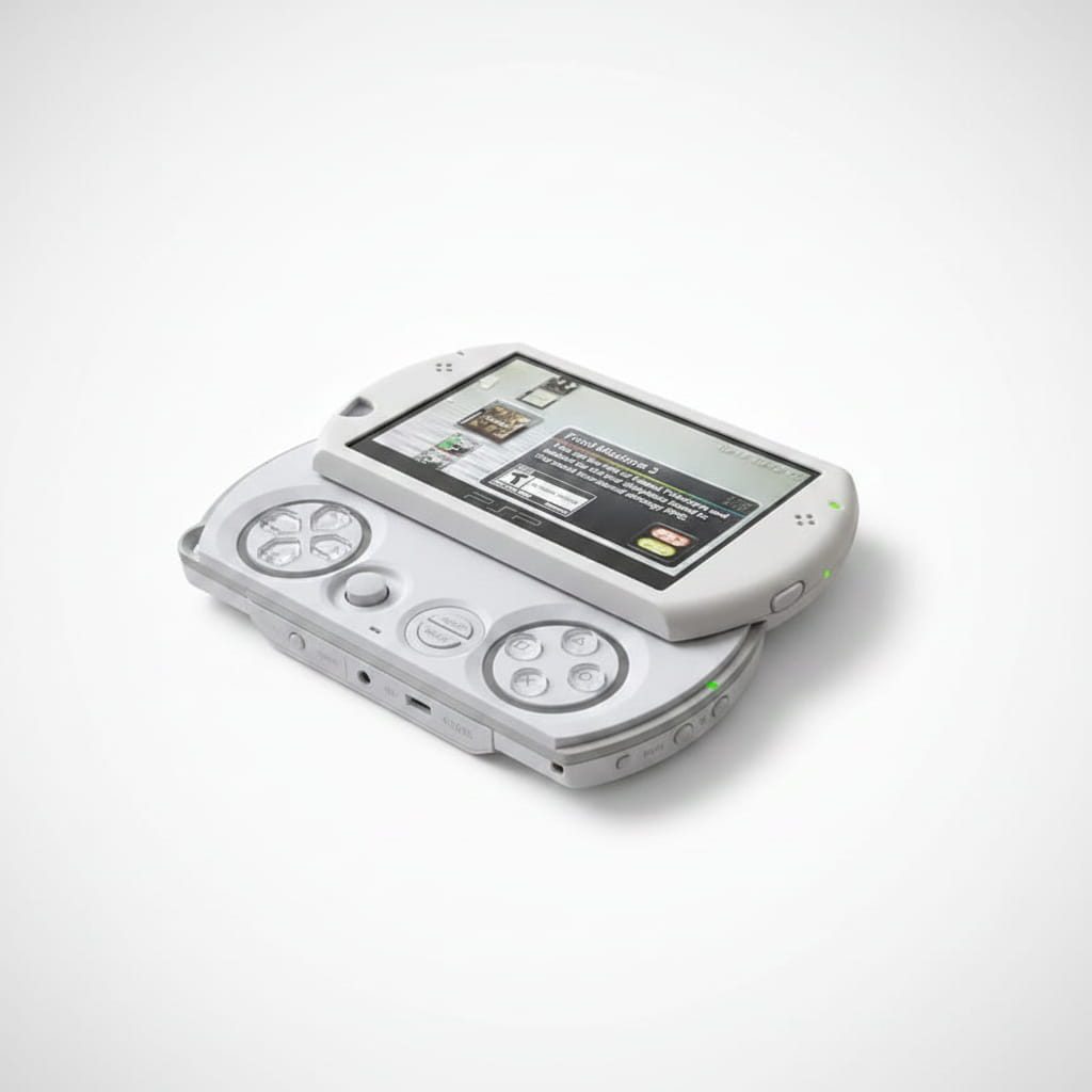 Angled Pearl White modded PSP Go with slide-out controls open, custom firmware handheld with emulators UK