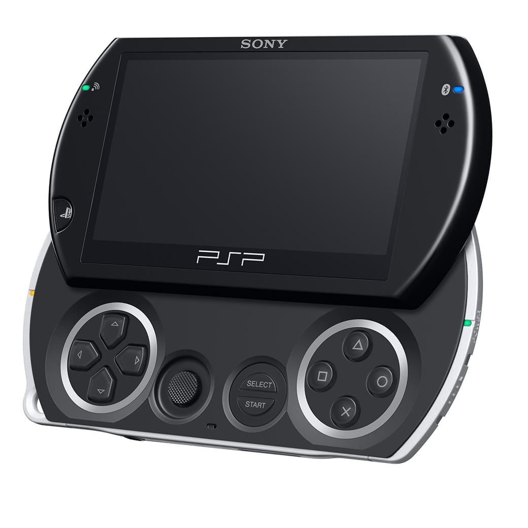 Piano Black modded PSP Go with controls open showing the PSP branding, emulators and games pre-installed
