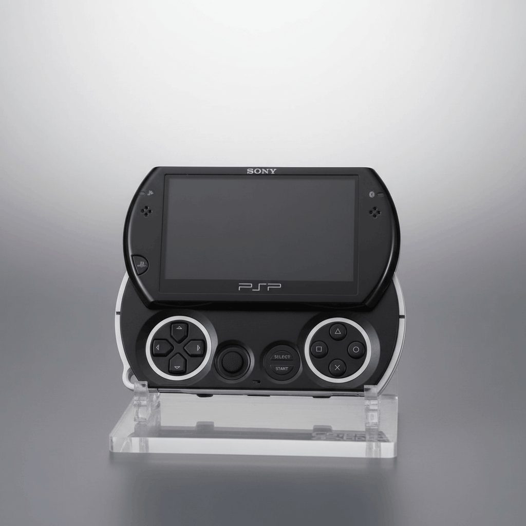 Piano Black modded PSP Go on a clear display stand, slide-out custom firmware handheld to buy in the UK