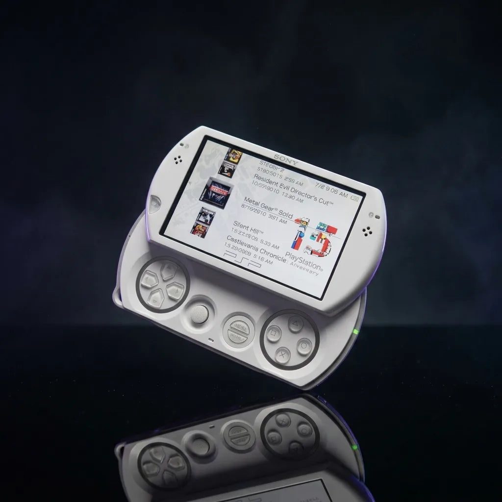 Pearl White modded PSP Go tilted on a dark backdrop with pre-installed games menu on screen – buy online UK