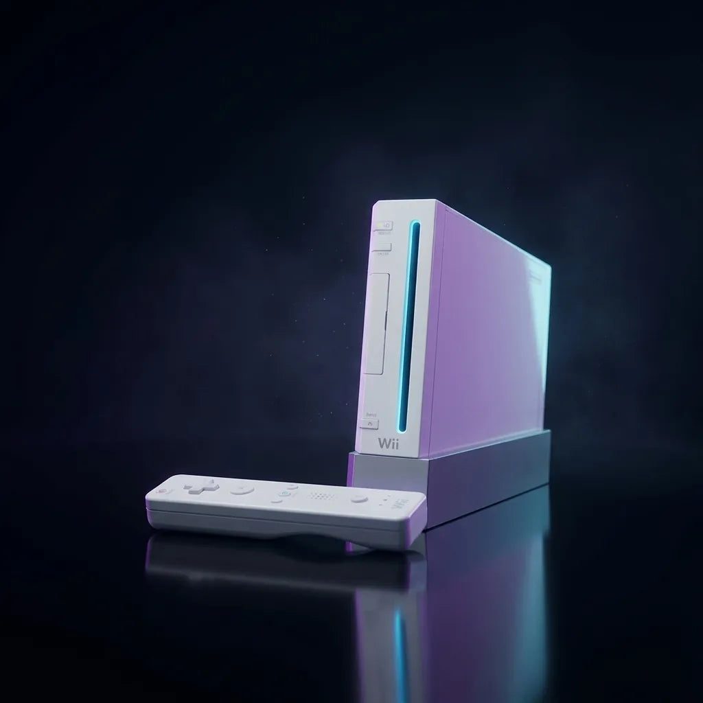 White modded Wii console with Wiimote in moody studio lighting, homebrew ready with SD card games UK