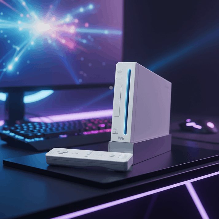 Modded Wii console with Wiimote on an RGB gaming desk, custom firmware and preloaded games included