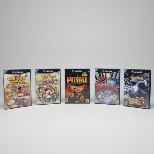 Row of five GameCube game cases playable on a modded Wii console with SD card loader, buy online UK
