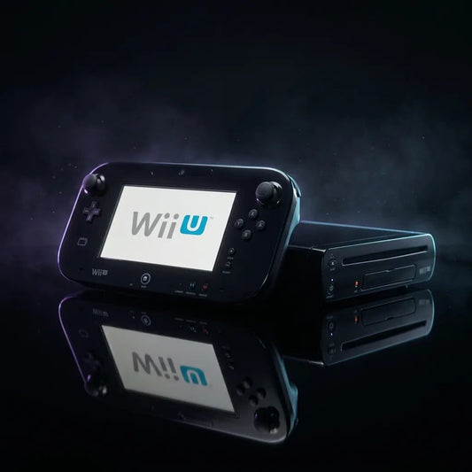Black modded Wii U console and GamePad in dramatic studio lighting, custom firmware installed, UK stock