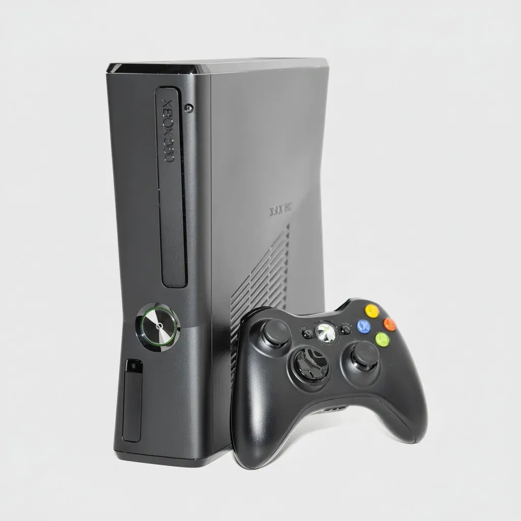 Black modded Xbox 360 Slim console with wireless controller, RGH custom firmware and preloaded games included