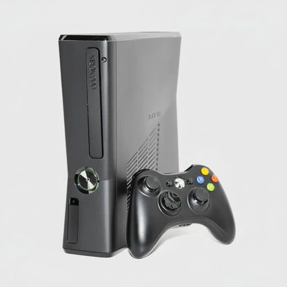 Black modded Xbox 360 Slim console with wireless controller, RGH custom firmware and preloaded games included