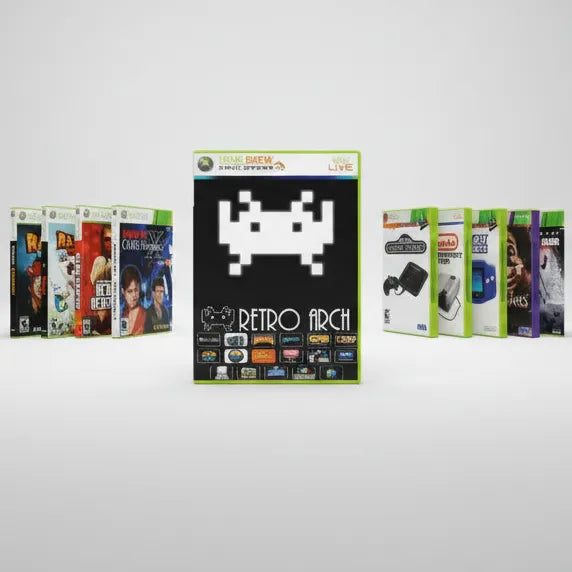 Game cases and RetroArch artwork showing the preloaded games library on the modded Xbox 360 Slim, UK stock