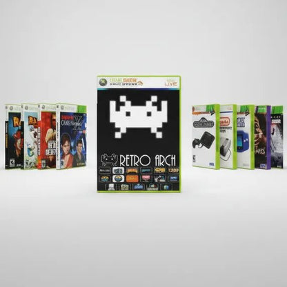 Game cases and RetroArch artwork showing the preloaded games library on the modded Xbox 360 Slim, UK stock