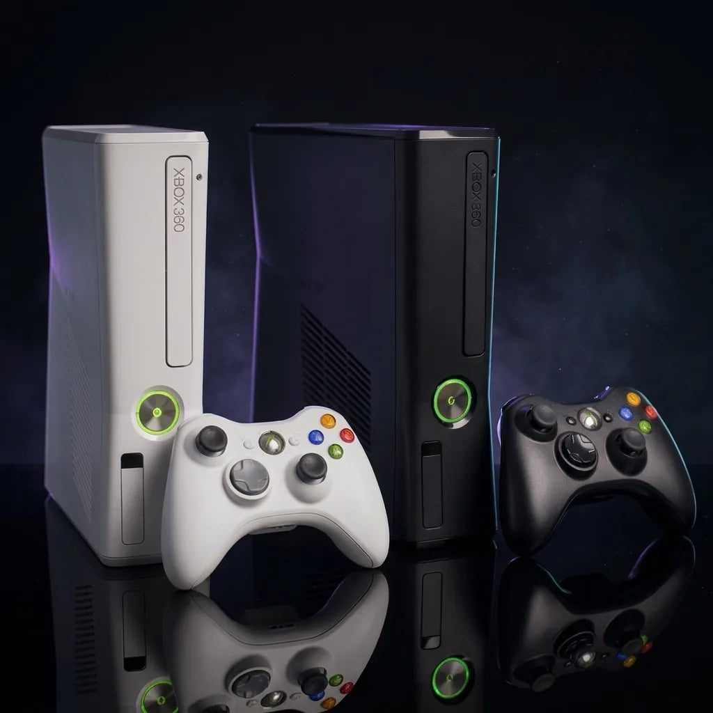 Modded Xbox 360 Slim consoles in black and white with controllers, RGH custom firmware, buy online in the UK