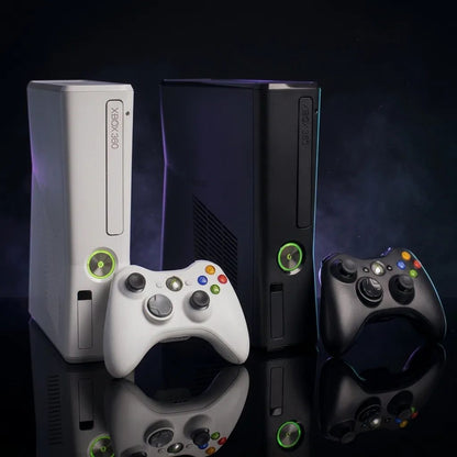 Modded Xbox 360 Slim consoles in black and white with controllers, RGH custom firmware, buy online in the UK