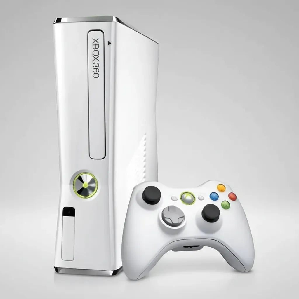 White modded Xbox 360 Slim console beside its controller, RGH modded with preloaded games and emulators UK