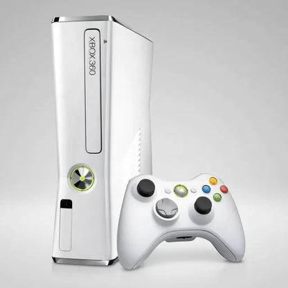 White modded Xbox 360 Slim console beside its controller, RGH modded with preloaded games and emulators UK