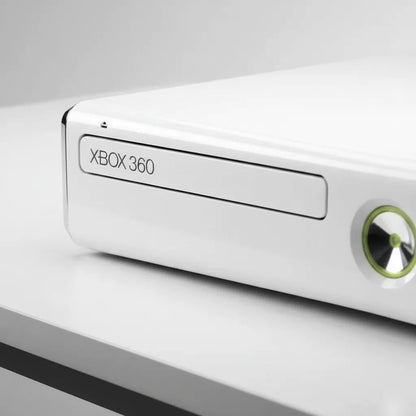 Close-up of the white modded Xbox 360 Slim disc drive and power button, RGH console to buy online in the UK